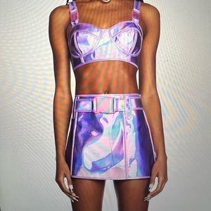 Club Exx- Lilac Dream Crusher Holographic Bra Top and Skirt in size medium
